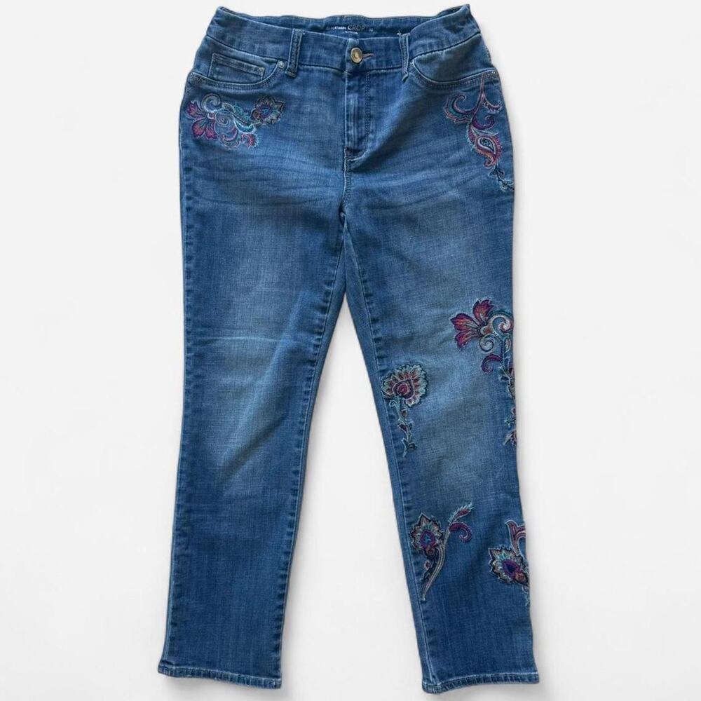Chicos Blue Denim Crop Jeans with Floral Embroidery